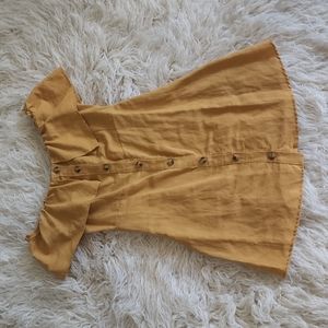 asos Pull&Bear Off Shoulder Ruffle Button Down Linen Dress in Honeycomb Gold
